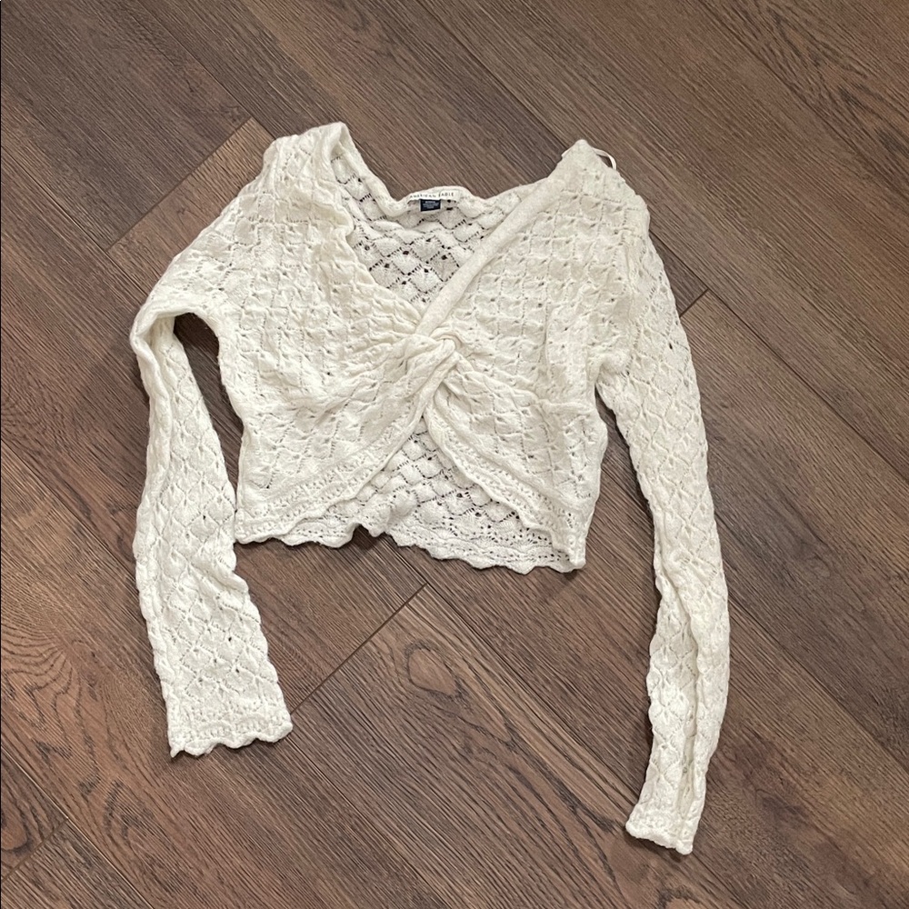 American Eagle Outfitters Cream Crochet Twist-Front Long Sleeve Crop Top